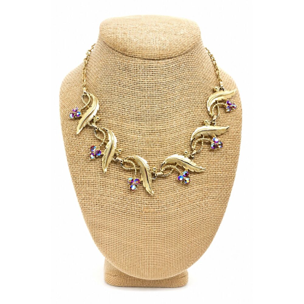 VINTAGE JUDY LEE Necklace Pink Ab Rhinestone Gold Tone Leaves Leaf Unsigned Mcm